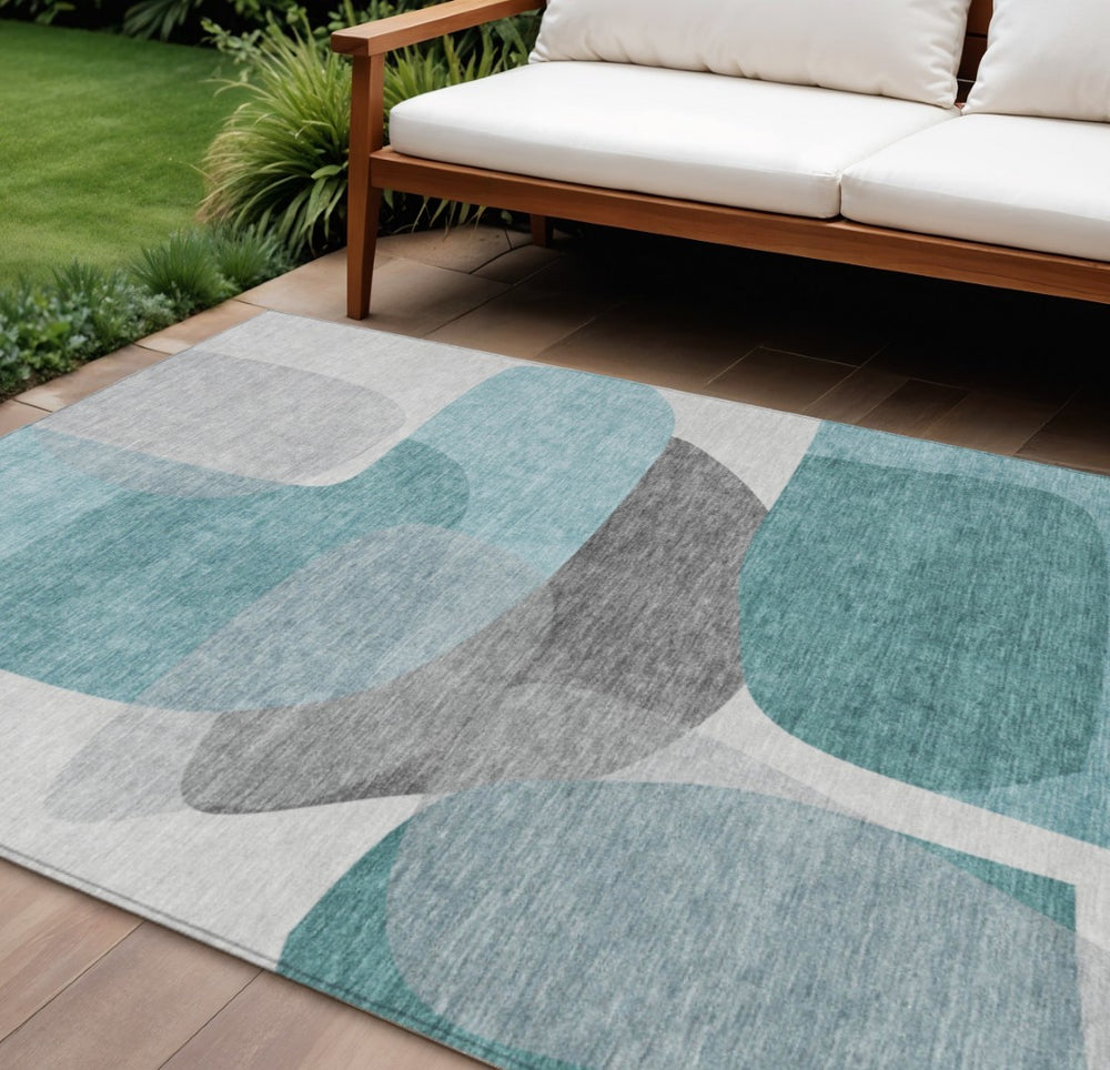 HomeRoots 5' Teal Blue and Gray Abstract Area Rug – Stylish, Washable, Durable for Indoor and Outdoor Use 10' X 14' 632190