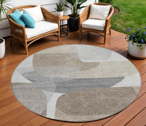 HomeRoots 5' Abstract Taupe and Gray Area Rug - Machine Washable, Durable, Indoor-Outdoor Versatility for Any Space 8' Round 632193