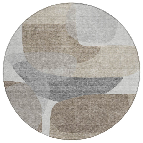 HomeRoots 5' Abstract Taupe and Gray Area Rug - Machine Washable, Durable, Indoor-Outdoor Versatility for Any Space 8' Round 632193