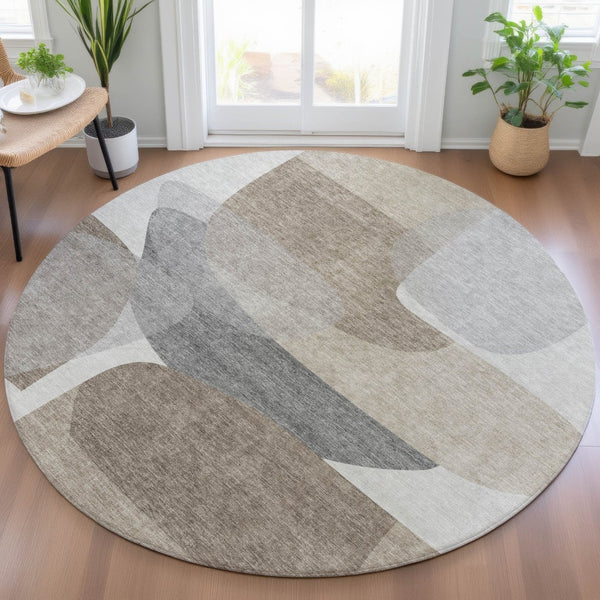 HomeRoots 5' Abstract Taupe and Gray Area Rug - Machine Washable, Durable, Indoor-Outdoor Versatility for Any Space 8' Round 632193
