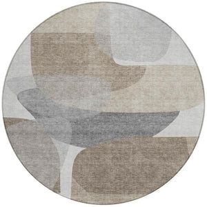 HomeRoots 5' Abstract Taupe and Gray Area Rug - Machine Washable, Durable, Indoor-Outdoor Versatility for Any Space 8' Round 632193