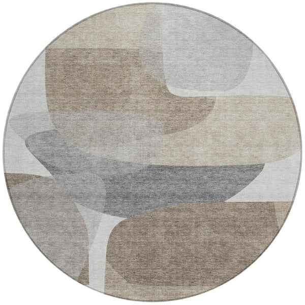 HomeRoots 5' Abstract Taupe and Gray Area Rug - Machine Washable, Durable, Indoor-Outdoor Versatility for Any Space 8' Round 632193