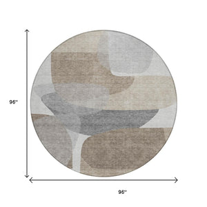 HomeRoots 5' Abstract Taupe and Gray Area Rug - Machine Washable, Durable, Indoor-Outdoor Versatility for Any Space 8' Round 632193