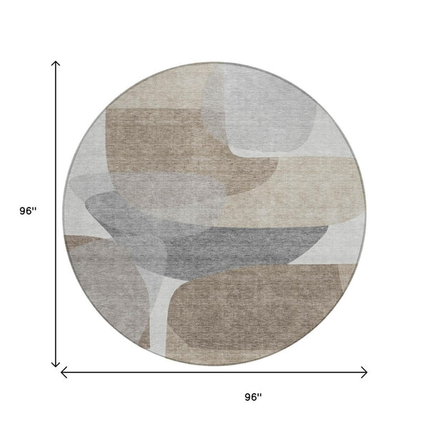 HomeRoots 5' Abstract Taupe and Gray Area Rug - Machine Washable, Durable, Indoor-Outdoor Versatility for Any Space 8' Round 632193