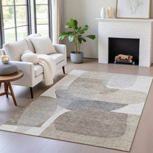 HomeRoots 5' Abstract Taupe and Gray Area Rug - Machine Washable, Durable, Indoor-Outdoor Versatility for Any Space 8' X 10' 632194