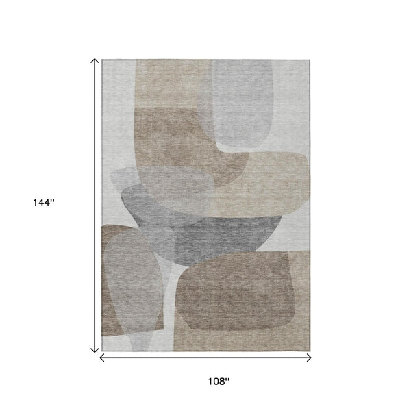 HomeRoots 5' Abstract Taupe and Gray Area Rug - Machine Washable, Durable, Indoor-Outdoor Versatility for Any Space 9' X 12' 632195