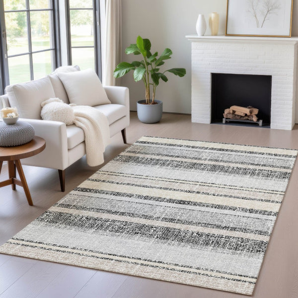 HomeRoots 5' Stylish Black and Silver Striped Area Rug for Indoor and Outdoor Use - Durable, Washable, Versatile 5' X 8' 632198