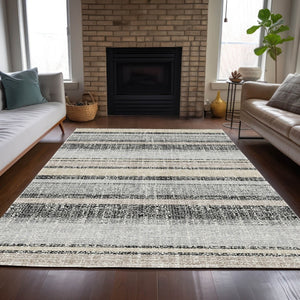 HomeRoots 5' Stylish Black and Silver Striped Area Rug for Indoor and Outdoor Use - Durable, Washable, Versatile 5' X 8' 632198