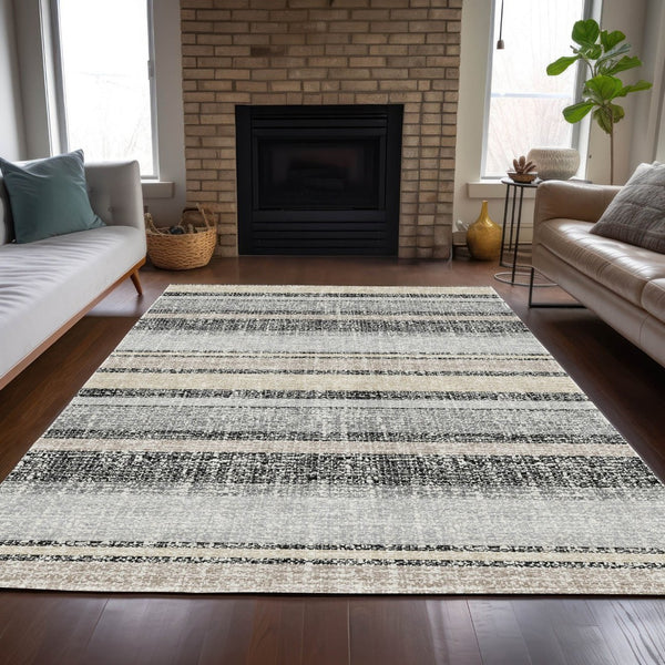 HomeRoots 5' Stylish Black and Silver Striped Area Rug for Indoor and Outdoor Use - Durable, Washable, Versatile 5' X 8' 632198