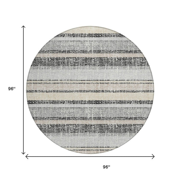 HomeRoots 5' Stylish Black and Silver Striped Area Rug for Indoor and Outdoor Use - Durable, Washable, Versatile 8' Round 632199