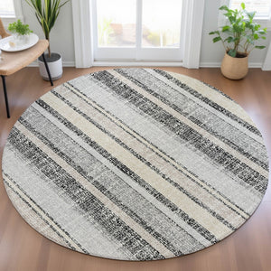 HomeRoots 5' Stylish Black and Silver Striped Area Rug for Indoor and Outdoor Use - Durable, Washable, Versatile 8' Round 632199