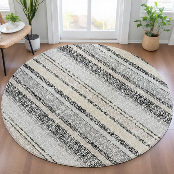HomeRoots 5' Stylish Black and Silver Striped Area Rug for Indoor and Outdoor Use - Durable, Washable, Versatile 8' Round 632199