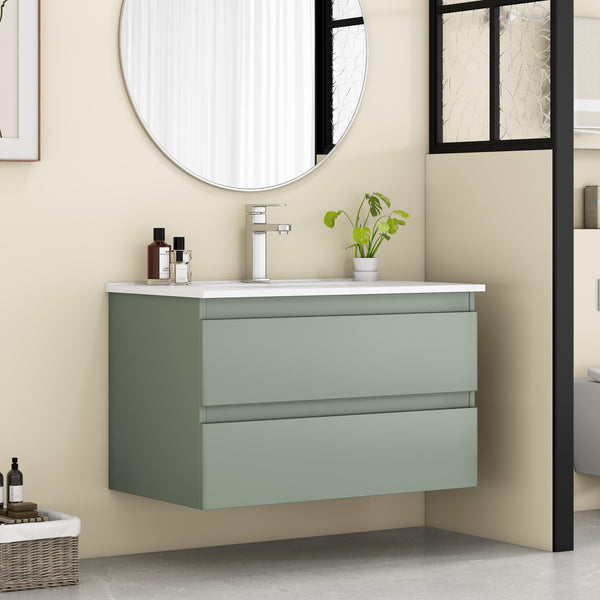 English Elm 32-Inch Wall-Mounted Bathroom Vanity With Integrated Ceramic Sink, Soft-Close Drawers & Modern Green Finish W3151S00044