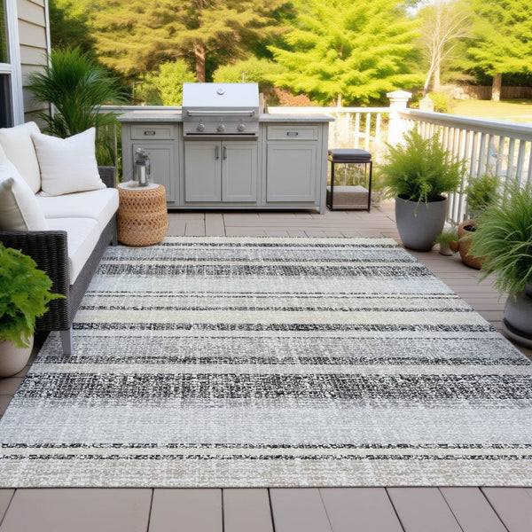 HomeRoots 5' Stylish Black and Silver Striped Area Rug for Indoor and Outdoor Use - Durable, Washable, Versatile 9' X 12' 632201