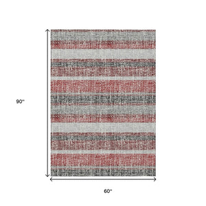 HomeRoots 5' Striped Burgundy and Silver Indoor Outdoor Area Rug - Washable, Durable, Stain-Resistant Design 5' X 8' 632204