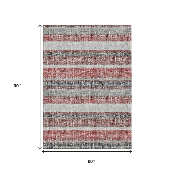 HomeRoots 5' Striped Burgundy and Silver Indoor Outdoor Area Rug - Washable, Durable, Stain-Resistant Design 5' X 8' 632204