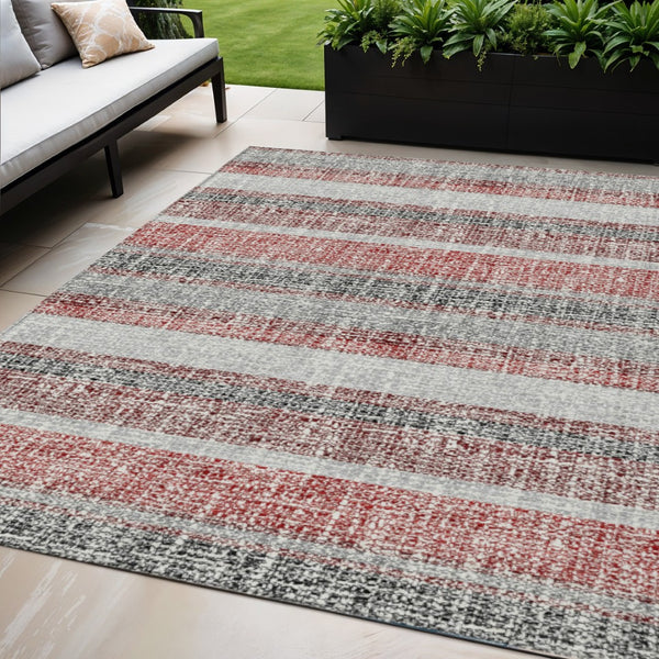 HomeRoots 5' Striped Burgundy and Silver Indoor Outdoor Area Rug - Washable, Durable, Stain-Resistant Design 5' X 8' 632204