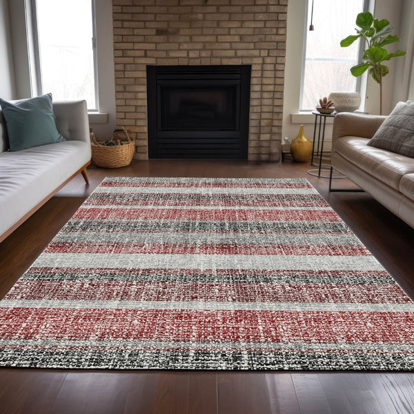 HomeRoots 5' Striped Burgundy and Silver Indoor Outdoor Area Rug - Washable, Durable, Stain-Resistant Design 5' X 8' 632204
