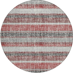 HomeRoots 5' Striped Burgundy and Silver Indoor Outdoor Area Rug - Washable, Durable, Stain-Resistant Design 8' Round 632205