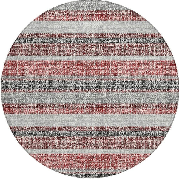 HomeRoots 5' Striped Burgundy and Silver Indoor Outdoor Area Rug - Washable, Durable, Stain-Resistant Design 8' Round 632205