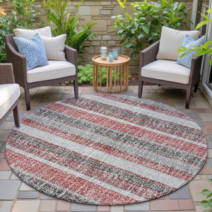 HomeRoots 5' Striped Burgundy and Silver Indoor Outdoor Area Rug - Washable, Durable, Stain-Resistant Design 8' Round 632205