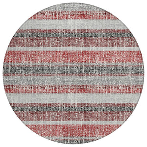 HomeRoots 5' Striped Burgundy and Silver Indoor Outdoor Area Rug - Washable, Durable, Stain-Resistant Design 8' Round 632205