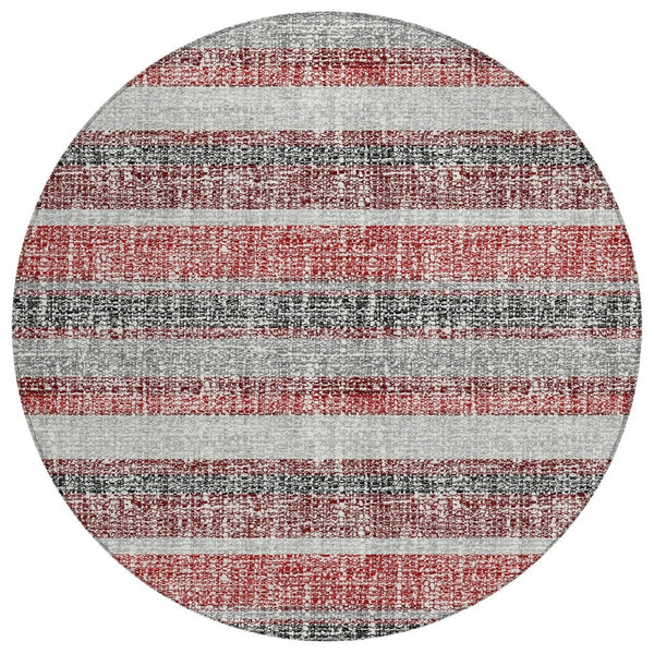 HomeRoots 5' Striped Burgundy and Silver Indoor Outdoor Area Rug - Washable, Durable, Stain-Resistant Design 8' Round 632205