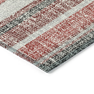 HomeRoots 5' Striped Burgundy and Silver Indoor Outdoor Area Rug - Washable, Durable, Stain-Resistant Design 8' Round 632205