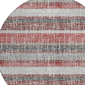 HomeRoots 5' Striped Burgundy and Silver Indoor Outdoor Area Rug - Washable, Durable, Stain-Resistant Design 8' Round 632205