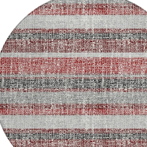 HomeRoots 5' Striped Burgundy and Silver Indoor Outdoor Area Rug - Washable, Durable, Stain-Resistant Design 8' Round 632205