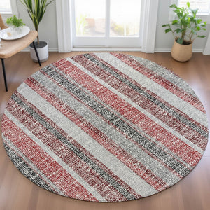 HomeRoots 5' Striped Burgundy and Silver Indoor Outdoor Area Rug - Washable, Durable, Stain-Resistant Design 8' Round 632205