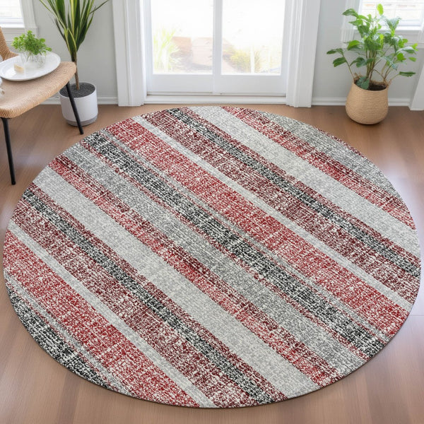 HomeRoots 5' Striped Burgundy and Silver Indoor Outdoor Area Rug - Washable, Durable, Stain-Resistant Design 8' Round 632205