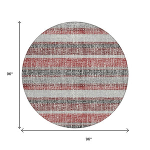 HomeRoots 5' Striped Burgundy and Silver Indoor Outdoor Area Rug - Washable, Durable, Stain-Resistant Design 8' Round 632205