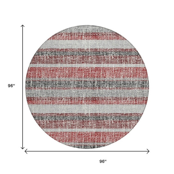 HomeRoots 5' Striped Burgundy and Silver Indoor Outdoor Area Rug - Washable, Durable, Stain-Resistant Design 8' Round 632205