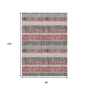 HomeRoots 5' Striped Burgundy and Silver Indoor Outdoor Area Rug - Washable, Durable, Stain-Resistant Design 8' X 10' 632206