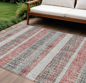 HomeRoots 5' Striped Burgundy and Silver Indoor Outdoor Area Rug - Washable, Durable, Stain-Resistant Design 9' X 12' 632207