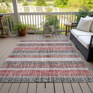 HomeRoots 5' Striped Burgundy and Silver Indoor Outdoor Area Rug - Washable, Durable, Stain-Resistant Design 9' X 12' 632207