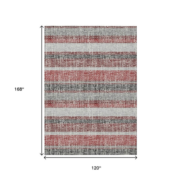 HomeRoots 5' Striped Burgundy and Silver Indoor Outdoor Area Rug - Washable, Durable, Stain-Resistant Design 10' X 14' 632208