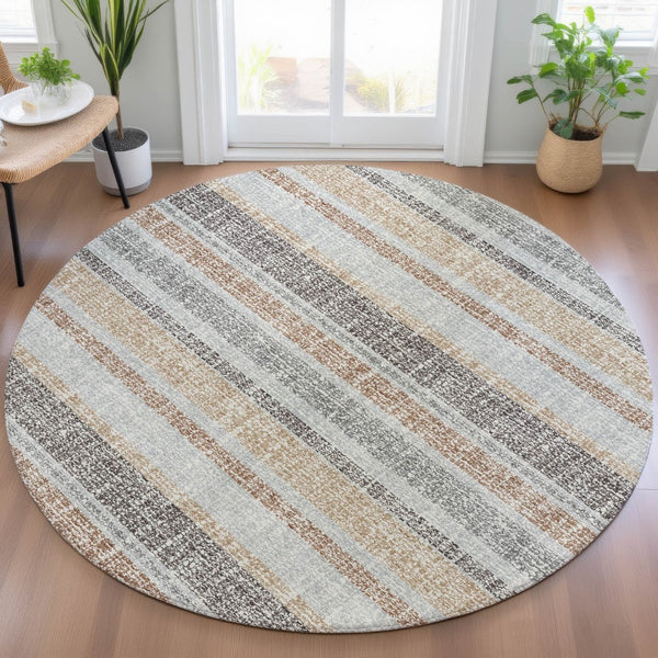 HomeRoots 5' Gray and Silver Striped Washable Area Rug for Indoor and Outdoor Use - Stylish, Durable, Easy Care 8' Round 632217