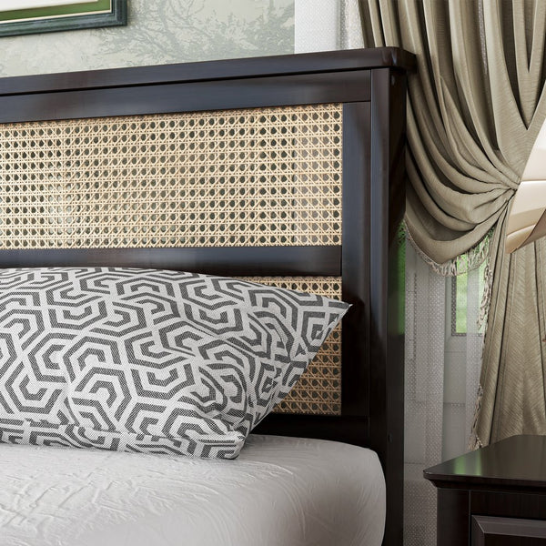 English Elm Queen Rubberwood Bed with PE Rattan Headboard, Espresso Finish, Solid Frame, 14 Slats, 300lb Capacity W504P252031