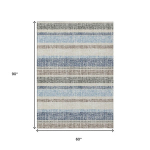 HomeRoots 5' Durable Navy Blue and Beige Striped Area Rug - Stylish, Machine-Washable for Indoor & Outdoor Use 5' X 8' 632228