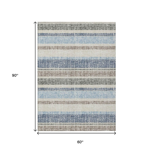 HomeRoots 5' Durable Navy Blue and Beige Striped Area Rug - Stylish, Machine-Washable for Indoor & Outdoor Use 5' X 8' 632228