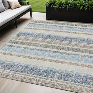 HomeRoots 5' Durable Navy Blue and Beige Striped Area Rug - Stylish, Machine-Washable for Indoor & Outdoor Use 5' X 8' 632228