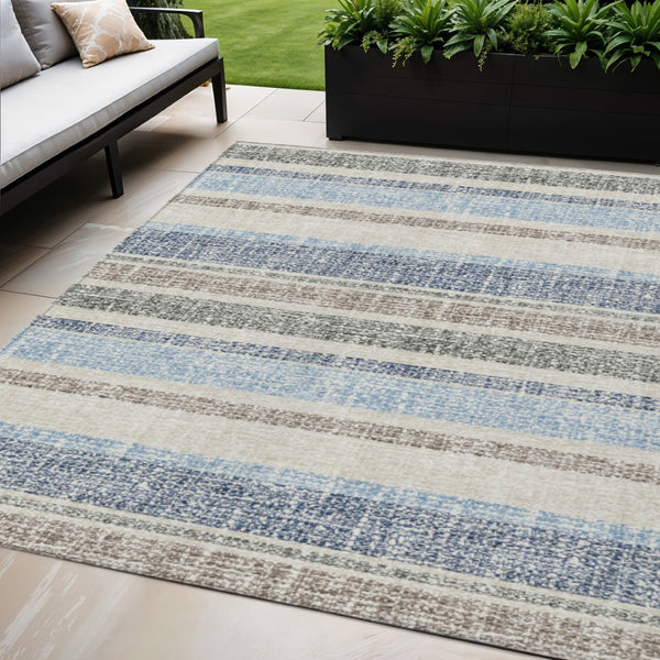 HomeRoots 5' Durable Navy Blue and Beige Striped Area Rug - Stylish, Machine-Washable for Indoor & Outdoor Use 5' X 8' 632228