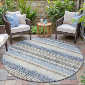 HomeRoots 5' Durable Navy Blue and Beige Striped Area Rug - Stylish, Machine-Washable for Indoor & Outdoor Use 8' Round 632229