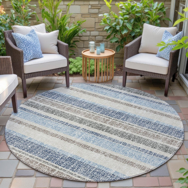HomeRoots 5' Durable Navy Blue and Beige Striped Area Rug - Stylish, Machine-Washable for Indoor & Outdoor Use 8' Round 632229