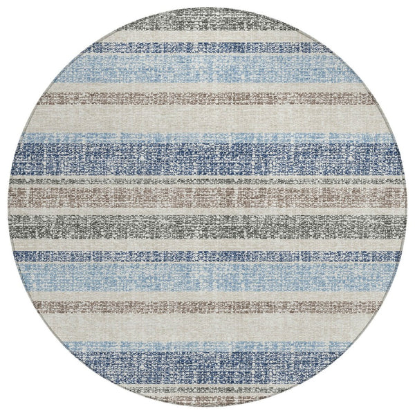HomeRoots 5' Durable Navy Blue and Beige Striped Area Rug - Stylish, Machine-Washable for Indoor & Outdoor Use 8' Round 632229