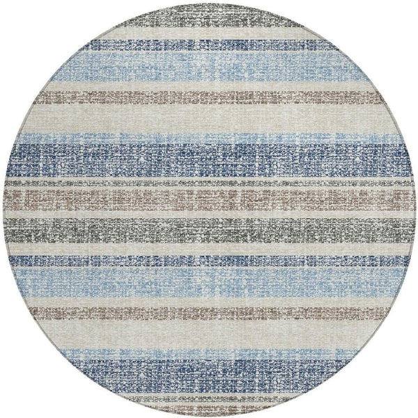 HomeRoots 5' Durable Navy Blue and Beige Striped Area Rug - Stylish, Machine-Washable for Indoor & Outdoor Use 8' Round 632229