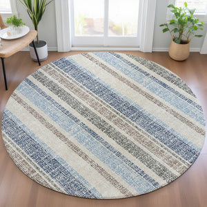 HomeRoots 5' Durable Navy Blue and Beige Striped Area Rug - Stylish, Machine-Washable for Indoor & Outdoor Use 8' Round 632229