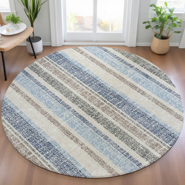 HomeRoots 5' Durable Navy Blue and Beige Striped Area Rug - Stylish, Machine-Washable for Indoor & Outdoor Use 8' Round 632229